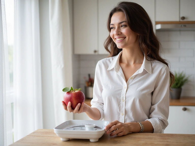 Mujer sonriendo mientras pesa una manzana, simbolizando un estilo de vida saludable y control de peso.