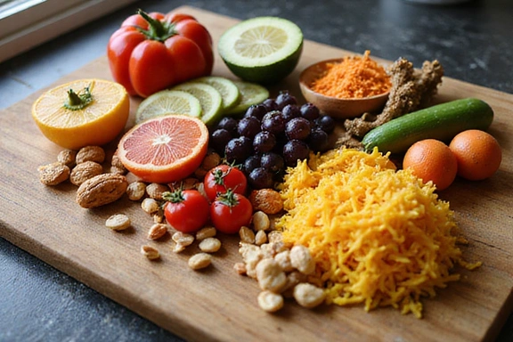 Variedad de alimentos frescos y saludables sobre una tabla de madera